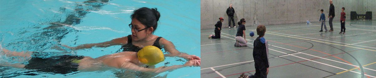 Banner avec deux photos du programme Du Sport pour Moi: un enfant et son entraîneur au cours de natation et plusieurs enfants font du Goalball.