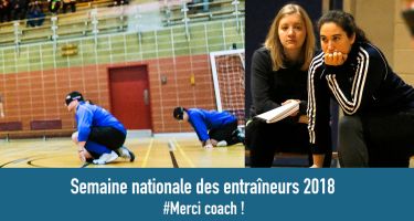 Banner Semaine nationale des entraîneurs avec le logo de l'ASAQ et deux photos de Nathalie Séguin en train de regarder attentivement deux parties de goalball.