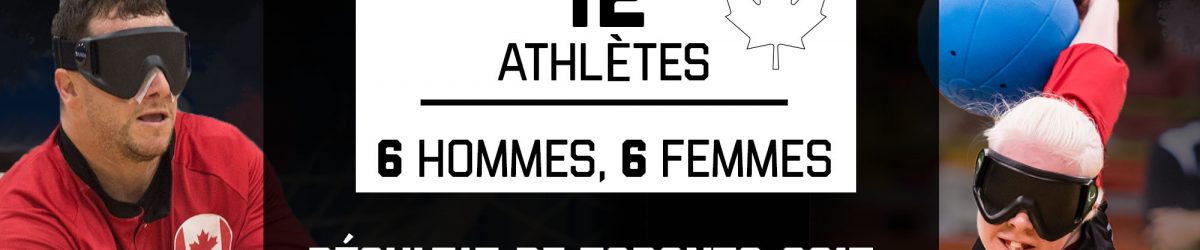 Un graphique illustrant la composition de l'équipe canadienne de goalball parapanaméricaine 2019: 12 athlètes, 6 hommes et 6 femmes. 6 nouveaux aux Jeux et 7 paralympiens. À gauche, une photo de Bruno Haché qui s’apprête à faire un lancer. À droite, une photo d’une athlète de l’équipe féminine en train de faire en élan avec le ballon dans sa main droite.