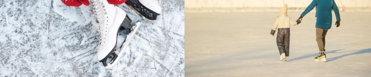 Première photo : Une fille en train d’attacher les lacets de patins à glace. Elle porte de gants rouges en tricot. Deuxième photo : Une femme et une fille en train de faire du patin. Texte : Offre d’emploi : entraîneur de patin. Montréal et les environs.
