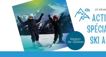 Jeune fille et garçon qui skient et s’amusent avec la chaîne de montagnes en arrière-plan. 27 février 2022. Activité spéciale de ski alpin. Région de Québec.