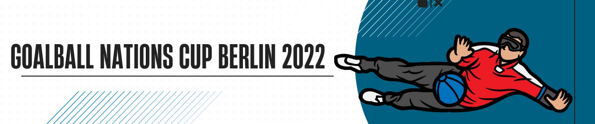 Titre : Goalball Nations Cup Berlin 2022. Infographie d’un athlète de goalball en train de bloquer le ballon.