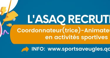 Illustration d’un mégaphone. Texte : L’ASAQ recherche Coordonnateur(trice)-Animateur(trice) en activités sportives.