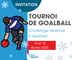 affiche du tournoi de goalball avec un dessin de joueur qui s'élance avec un ballon et les dates du 15 et 16 février 2025