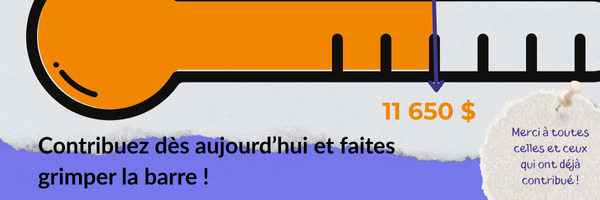 Image d’un thermomètre illustrant la progression des dons dans la campagne de financement de l’ASAQ. Le niveau actuel indique 11 650 $ récoltés. À droite, une note épinglée porte le message : « Merci à toutes celles et ceux qui ont déjà contribué ! » En bas, on peut lire : « Contribuez dès aujourd’hui et faites grimper la barre ! »
