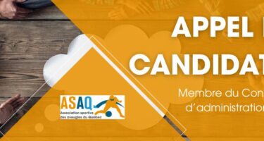 Affiche avec des personnes en réunion autour d’une table. Texte : « Appel de candidatures – Membre du Conseil d’administration » avec le logo de l’ASAQ.
