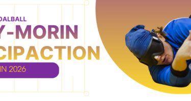 Nancy-Morin, joueuse de goalball, plonge pour attraper le ballon. Texte : « La Classique de goalball Nancy-Morin ParticipACTION – 6 et 7 juin 2026 ». / Nancy-Morin, a goalball player, dives to catch the ball. Text: “La Classique de goalball Nancy-Morin ParticipACTION – June 6–7, 2026”.