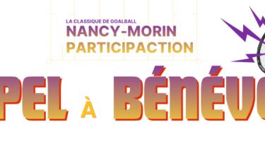 Bannière avec illustration d’un mégaphone et éclairs. Texte : « La Classique de goalball Nancy-Morin Participaction » et « Appel à bénévoles ». / Banner with illustration of a megaphone and lightning bolts. Text: “Nancy-Morin ParticipACTION Goalball Classic” and “Call for volunteers.”