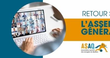 Photo d’un ordinateur affichant une réunion virtuelle en visioconférence. Texte : « Retour sur l’Assemblée générale 2026 » de l’ASAQ.