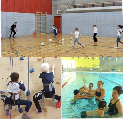 Montage de trois photos montrant des enfants participant à différentes activités sportives adaptées : jeu avec ballon dans un gymnase, escalade et activité aquatique en piscine.